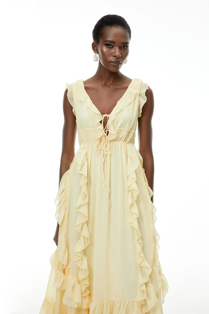 Flowy Chiffon A-Line V-Neck Ruffled Cap Sleeve Yellow Maxi Evening Dress