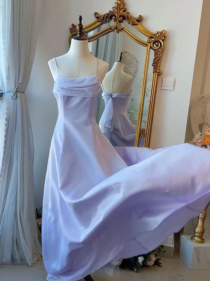 Flowy Satin A-Line Cowl Neck Spaghetti Strap Draped Bow Back Floor-Length Evening Dresses
