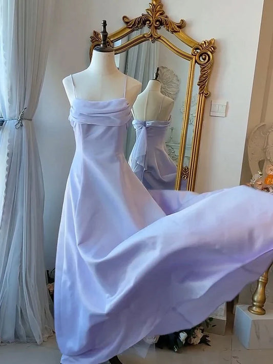 Flowy Satin A-Line Cowl Neck Spaghetti Strap Draped Bow Back Floor-Length Evening Dresses