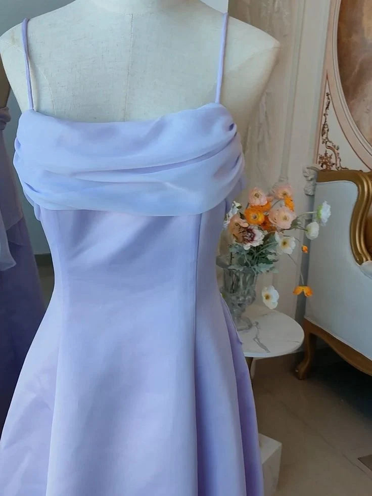 Flowy Satin A-Line Cowl Neck Spaghetti Strap Draped Bow Back Floor-Length Evening Dresses