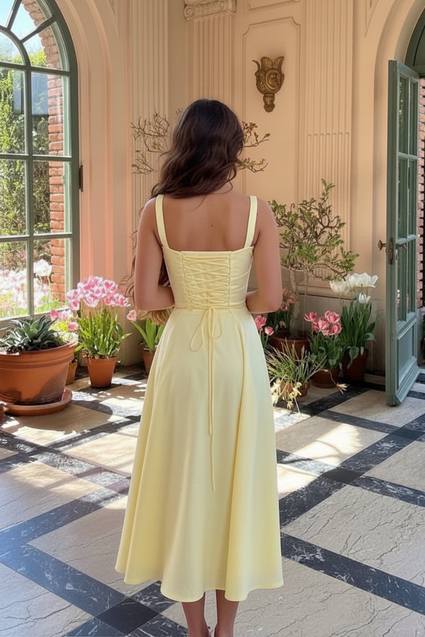 Flowy Satin A-Line Sweetheart Neck Sleeveless Lace-Up Back Midi Evening Dresses