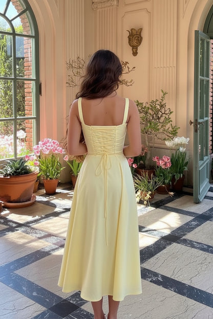 Flowy Satin A-Line Sweetheart Neck Sleeveless Lace-Up Back Midi Evening Dresses
