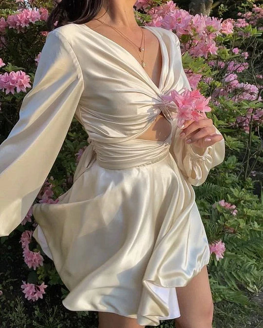 Flowy Satin A-Line V-Neck Long Sleeve Open Back Tie Short Homecoming Dresses