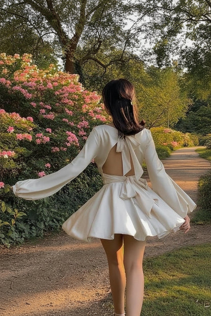 Flowy Satin A-Line V-Neck Long Sleeve Open Back Tie Short Homecoming Dresses