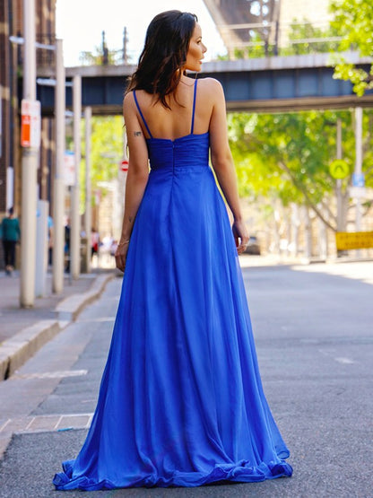 Flowy multi tone chiffon Aline Vneck spaghetti strap plain zip back high slit floor length Prom Dress