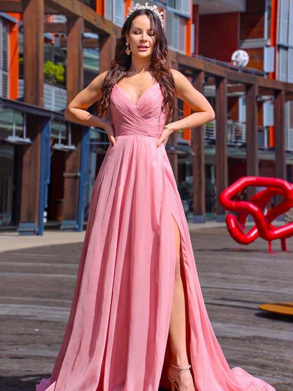 Flowy multi tone chiffon Aline Vneck spaghetti strap plain zip back high slit floor length Prom Dress