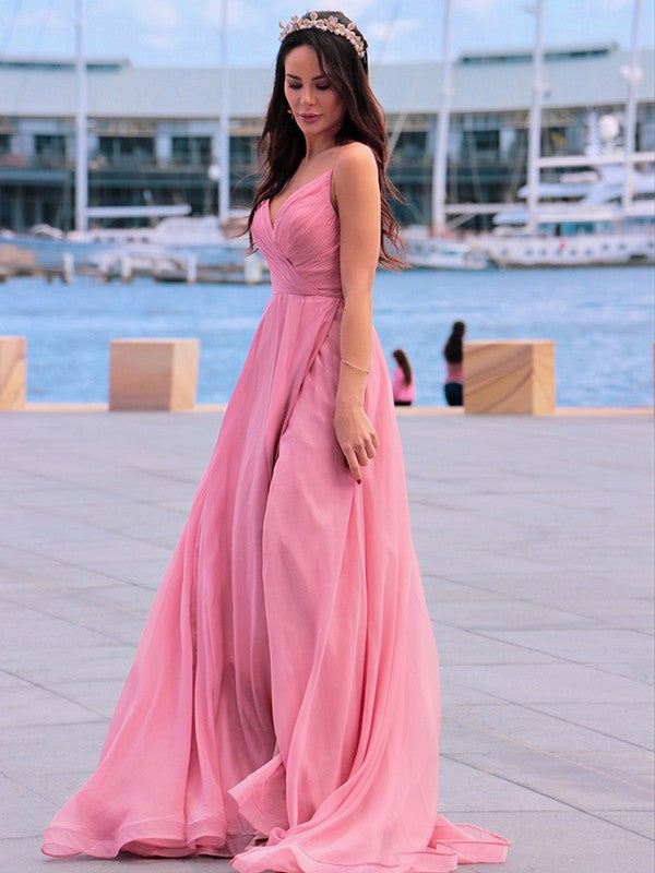 Flowy multi tone chiffon Aline Vneck spaghetti strap plain zip back high slit floor length Prom Dress