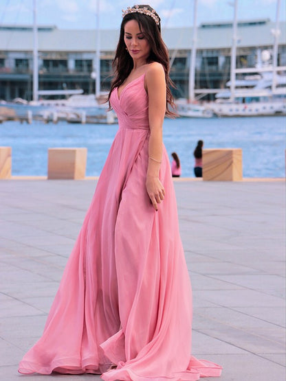 Flowy multi tone chiffon Aline Vneck spaghetti strap plain zip back high slit floor length Prom Dress