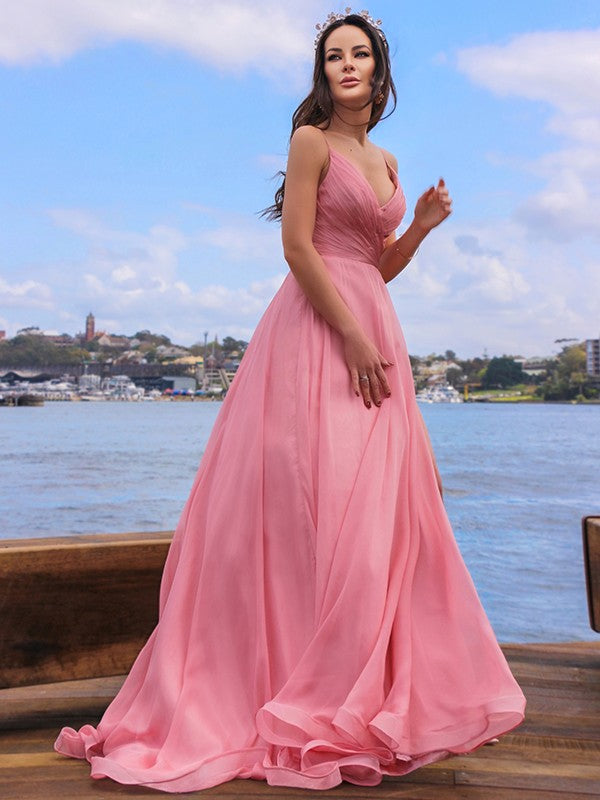 Flowy multi tone chiffon Aline Vneck spaghetti strap plain zip back high slit floor length Prom Dress