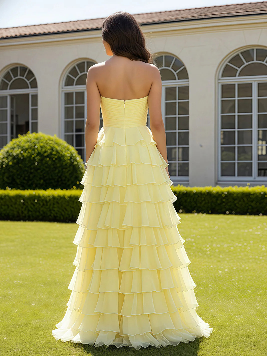 Flowy tiered A-line strapless sweetheart high-slit floor-length evening dress