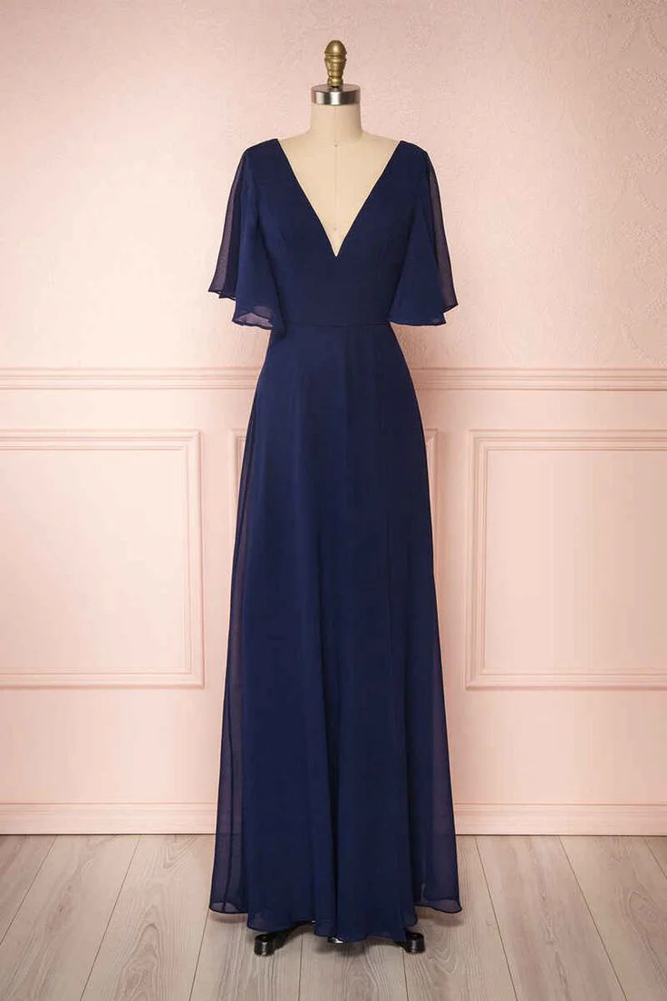Flowy chiffon A-line V-neck flutter-sleeve open-back floor-length prom dresses