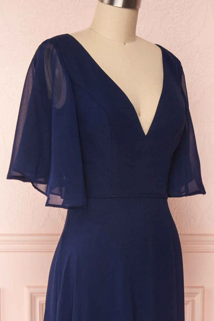 Flowy chiffon A-line V-neck flutter-sleeve open-back floor-length prom dresses