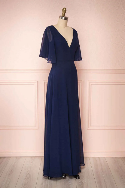 Flowy chiffon A-line V-neck flutter-sleeve open-back floor-length prom dresses