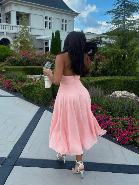 Flowy chiffon A-line deep V-neck strapless open-back midi evening prom dress