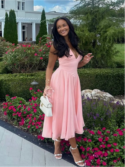 Flowy chiffon A-line deep V-neck strapless open-back midi evening prom dress