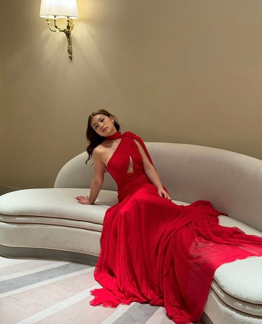 Flowy chiffon A-line one-shoulder capelet sleeveless open-back floor-length prom dresses