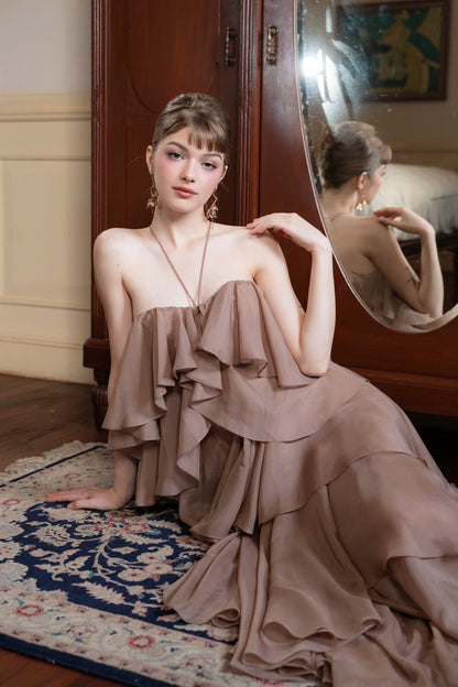 Flowy tiered gown strapless halter neck open-back floor-length evening dress
