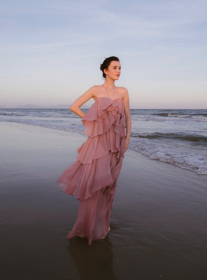 Flowy tiered gown strapless halter neck open-back floor-length evening dress