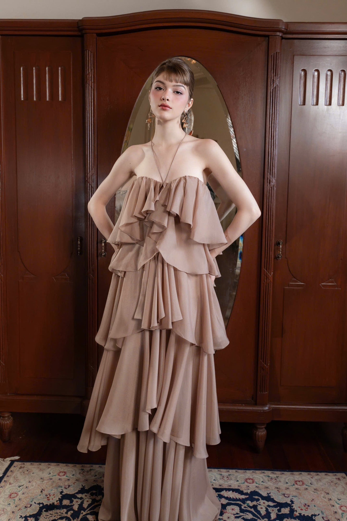 Flowy tiered gown strapless halter neck open-back floor-length evening dress