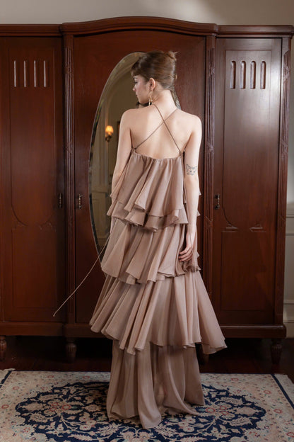 Flowy tiered gown strapless halter neck open-back floor-length evening dress