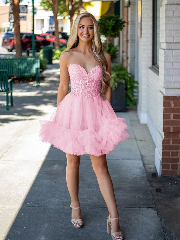 Fluffy tulle skater strapless sweetheart lace corset lace up open back short length formal homecoming dress