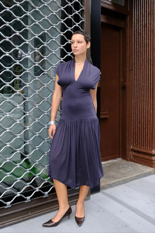 Fluid Jersey Midi Draped Cowl-Neck Asymmetric-Hem Casual Evening Dress