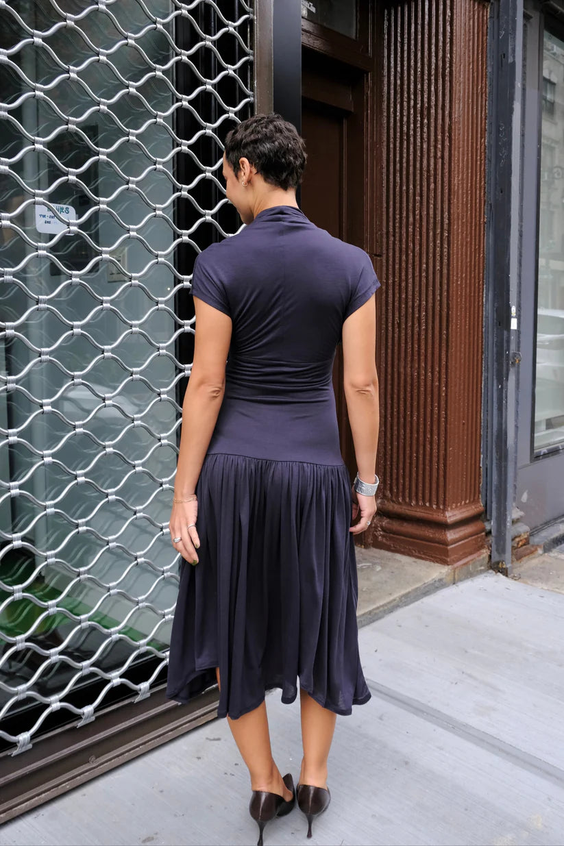 Fluid Jersey Midi Draped Cowl-Neck Asymmetric-Hem Casual Evening Dress