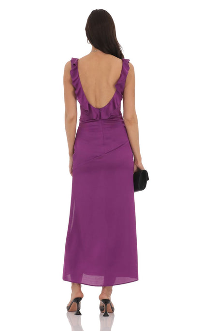 Fluid Ruffled V-Neck Evening Dress with Open Back, High Front Slit & Modern Sheath Silhouette