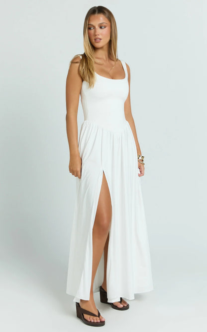 Elegant A-Line Square Neck Sleeveless Slit Maxi Formal Evening Gown