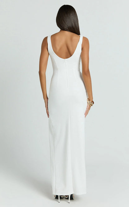 Elegant Straight Boat Neck Bow-Embellished Slit Floor Length Evening Dress