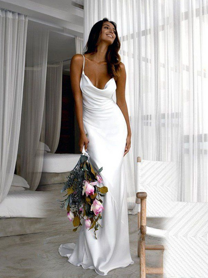 Form-Fitting Lustrous Satin Mermaid Cowl Neck Open-Back Floor Length Prom Dress