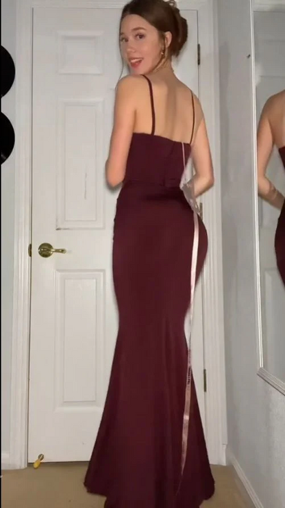 Form-Fitting Mermaid Straight-Neck Spaghetti-Straps Floor-Length Crepe Prom Dress