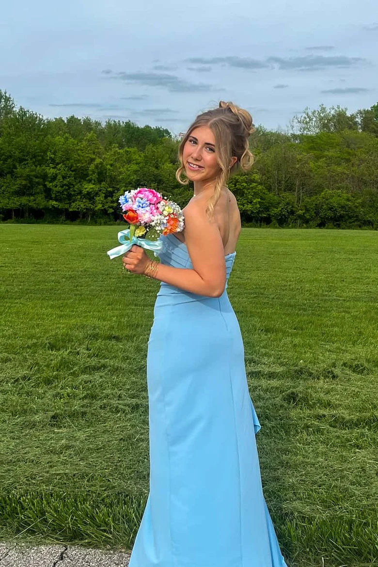 Elegant Chiffon Mermaid Strapless Ruched Front Slit Floor Length Prom Dress