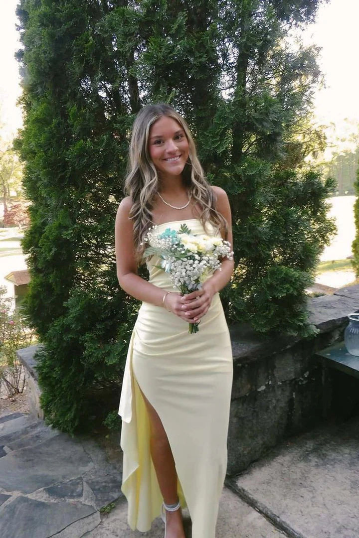 Elegant Chiffon Mermaid Strapless Ruched Front Slit Floor Length Prom Dress