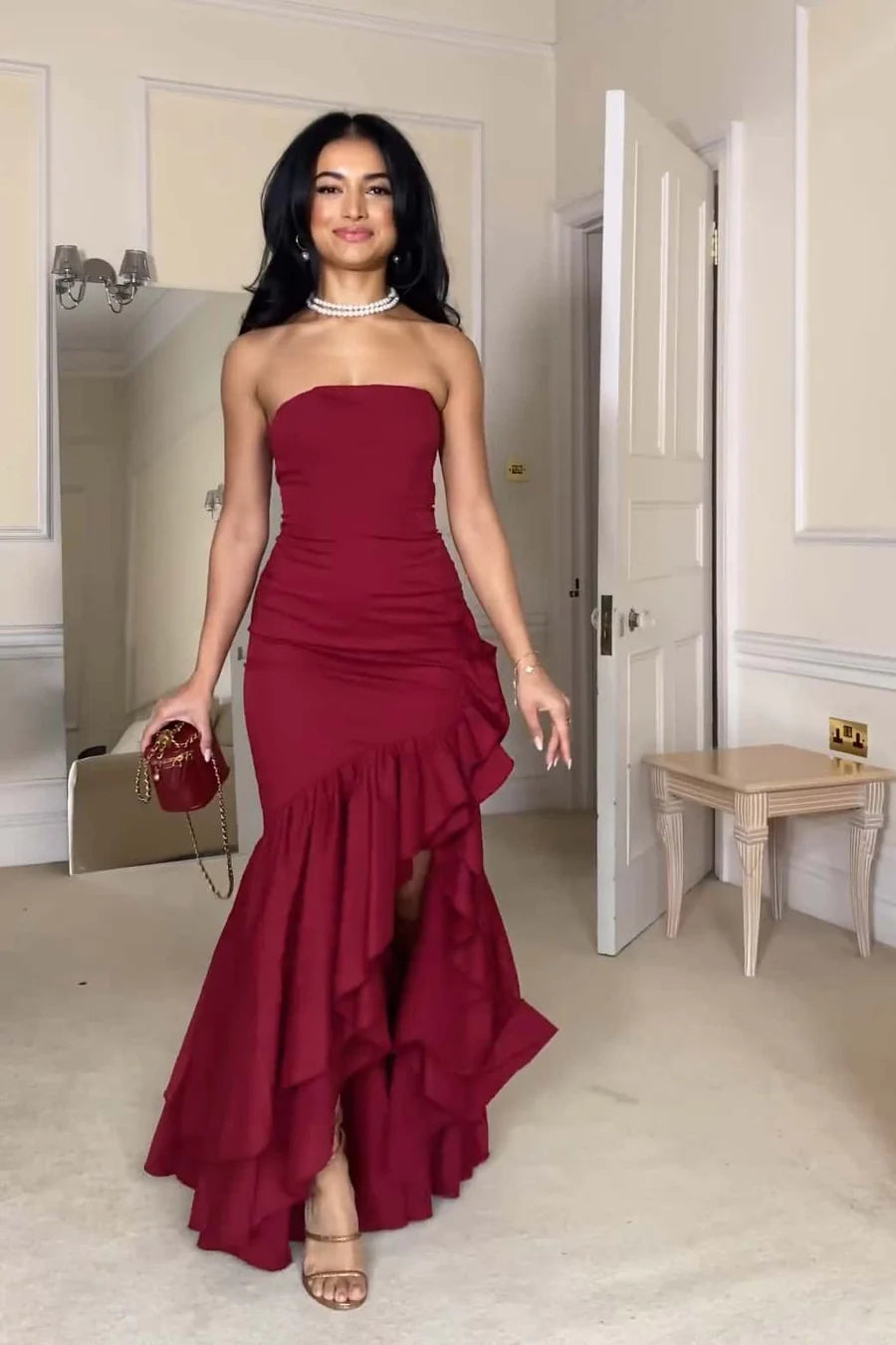 Form-Fitting Mermaid Strapless Tube-Top Sleeveless Ruffle-Hem High-Slit Evening Dress