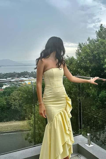 Form-Fitting Mermaid Strapless Tube-Top Sleeveless Ruffle-Hem High-Slit Evening Dress