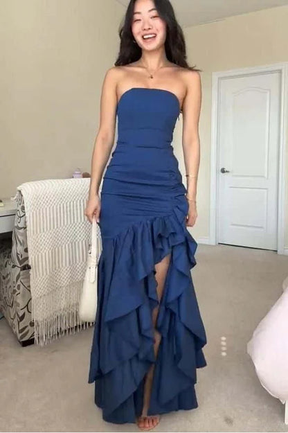 Form-Fitting Mermaid Strapless Tube-Top Sleeveless Ruffle-Hem High-Slit Evening Dress