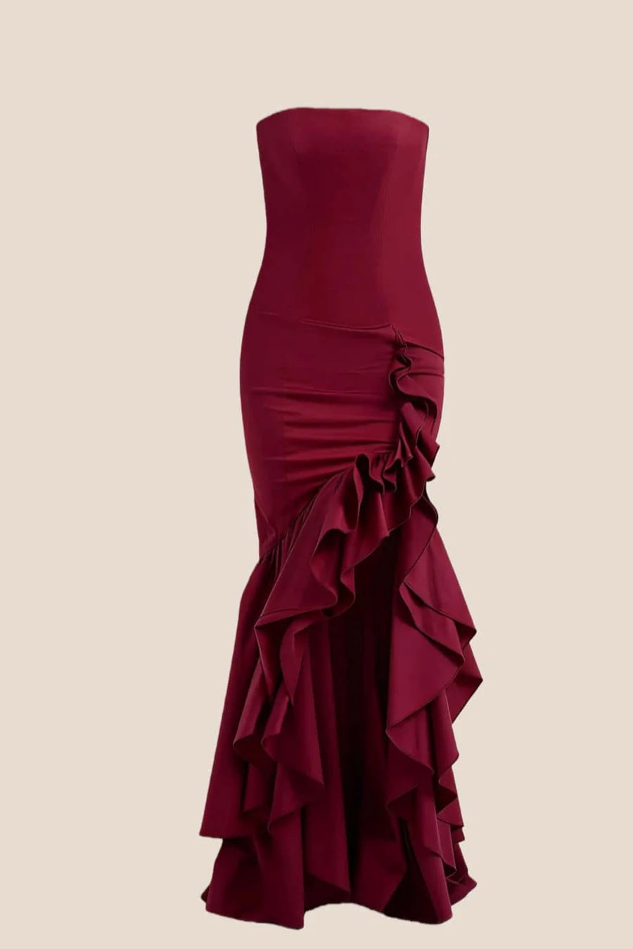 Form-Fitting Mermaid Strapless Tube-Top Sleeveless Ruffle-Hem High-Slit Evening Dress