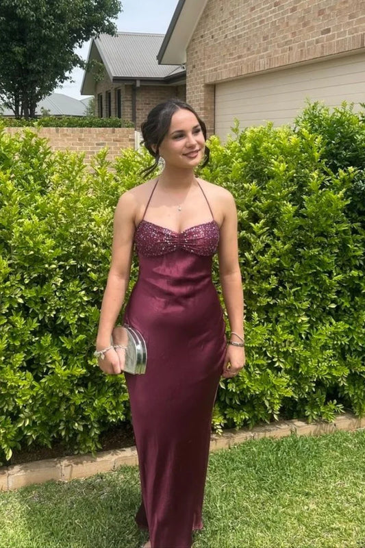 Form-Fitting Mermaid Sweetheart Halter Neck Lace-Up Back Floor Length Satin Prom Dress