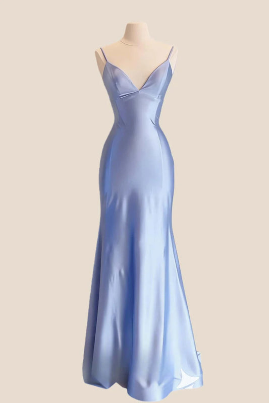 Form-Fitting Mermaid V-Neck Spaghetti-Straps Lace-Up Back Floor-Length Evening Dress