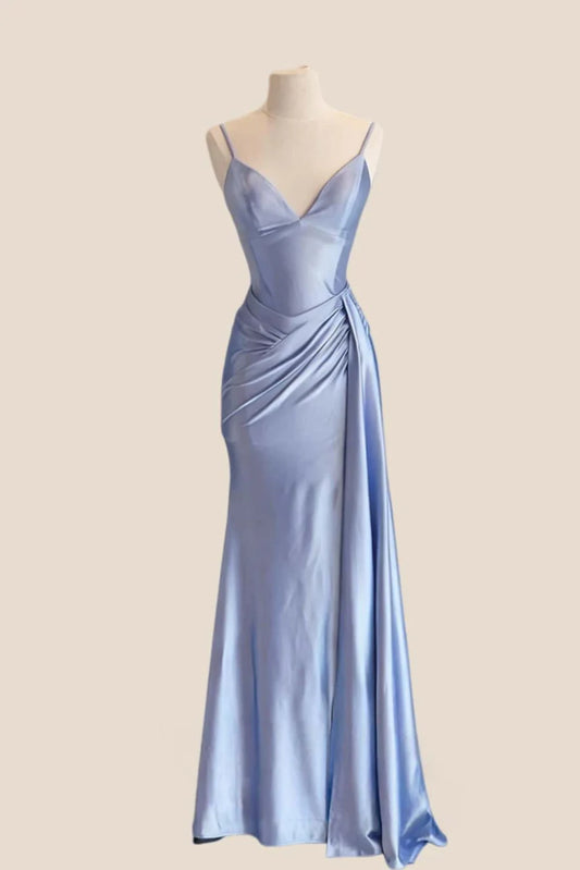Form-Fitting Mermaid V-Neck Spaghetti-Straps Lace-Up Back Ruched Floor-Length Evening Dress