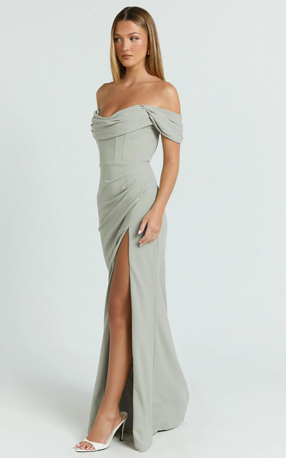 Form-Fitting Off-Shoulder Corset Ruched Slit Floor Length Evening Dress