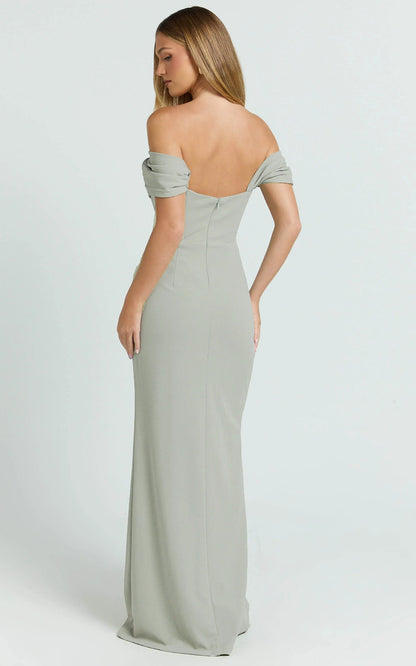 Form-Fitting Off-Shoulder Corset Ruched Slit Floor Length Evening Dress