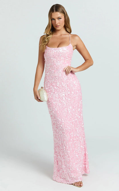 Form-Fitting Sequin Square Neck Crisscross Tie-Back Floor Length Evening Dress