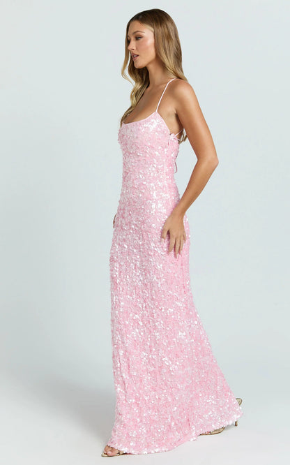 Form-Fitting Sequin Square Neck Crisscross Tie-Back Floor Length Evening Dress