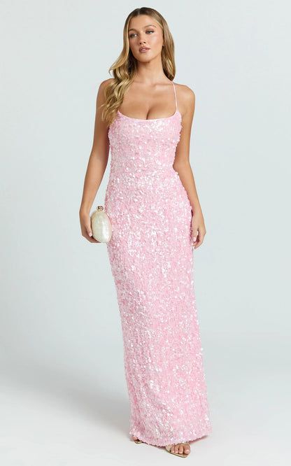 Form-Fitting Sequin Square Neck Crisscross Tie-Back Floor Length Evening Dress