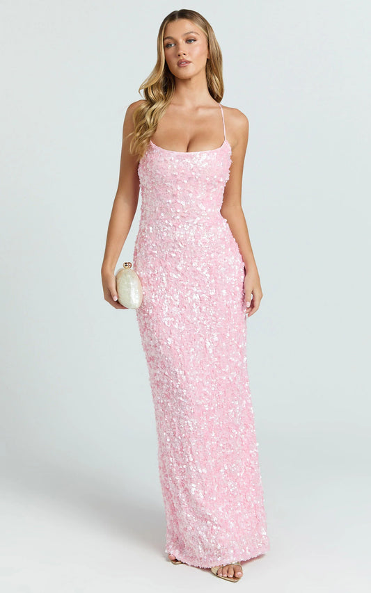Form-Fitting Sequin Square Neck Crisscross Tie-Back Floor Length Evening Dress