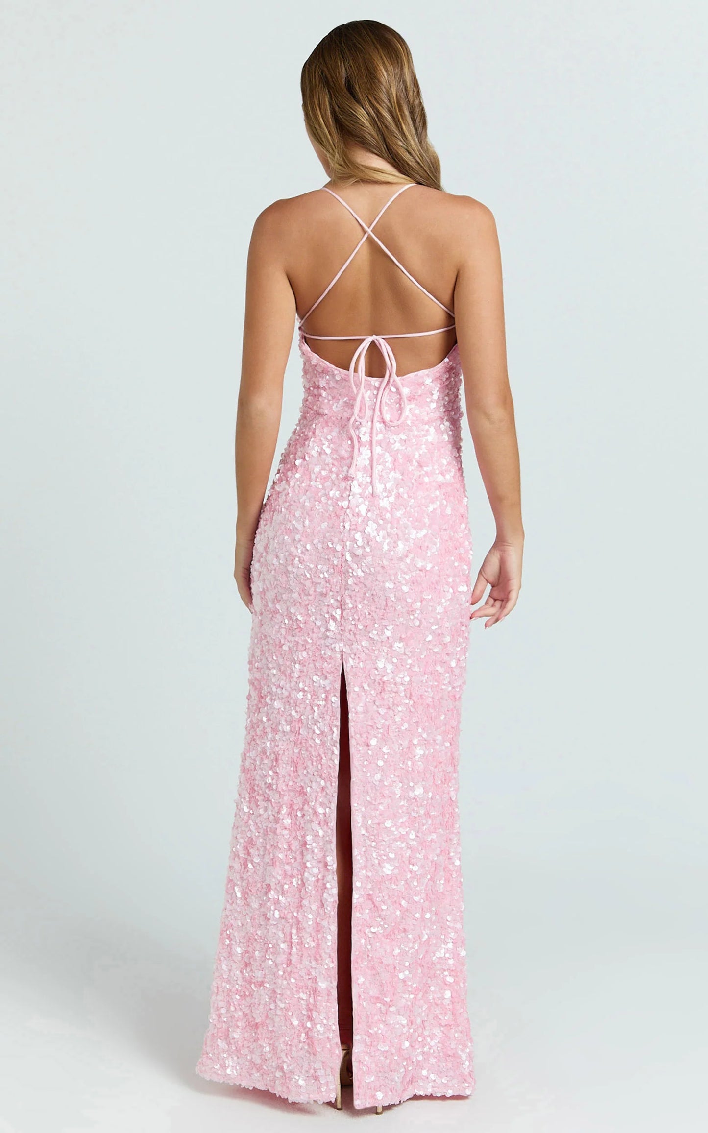 Form-Fitting Sequin Square Neck Crisscross Tie-Back Floor Length Evening Dress