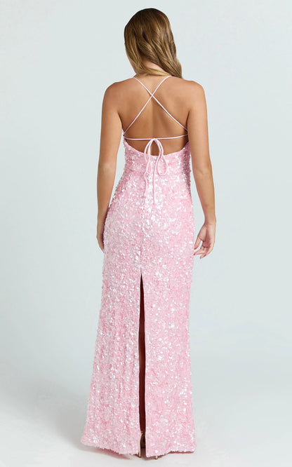Form-Fitting Sequin Square Neck Crisscross Tie-Back Floor Length Evening Dress