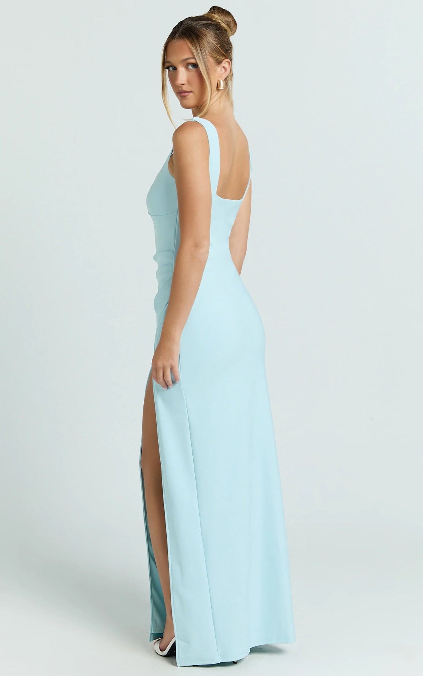Elegant Sheath Square Neck Ruched Slit Floor Length Evening Dress